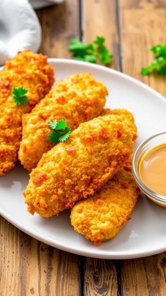 Crispy Air Fryer Chicken Cutlets Recipe Crispy air fryer chicken cutlets garnished with parsley and served with dipping sauce on a rustic table.
